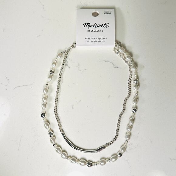 NEW MADEWELL Set of 2 Necklaces – Freshwater Pearl Chain & Silver Bar Necklace - Picture 9 of 12
